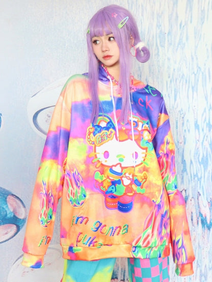 Letter And Y2K Kitty Print Hoodie Orange Fire