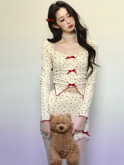 Apricot Floral Pattern Square Neckline Crop Top with Bowknot Details