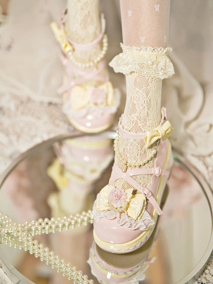Floral at Platforms Heart Bow Design Beaded Buckle Chain Detachable Pink Lace With Trim Top