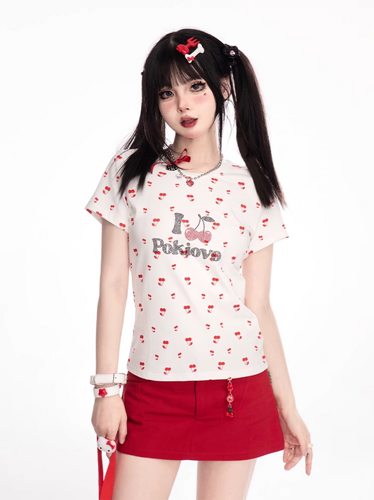 White Allover Cherry Print Rhinestone Letter T-shirt