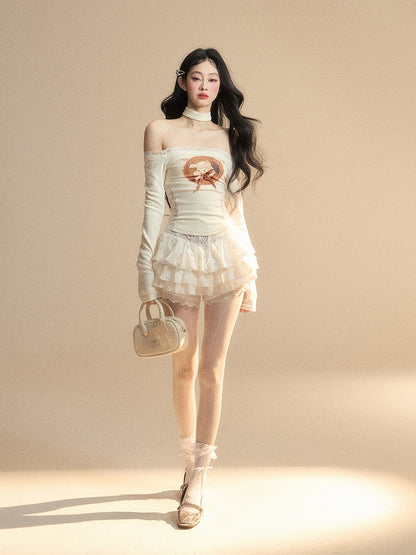 Lamb Print Waist Glamorous Top Patches Apricot Off-the-shoulder Lace Neckline