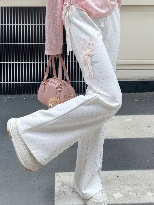 Flared Pants Polka-Dot Lace Bow Adorable Kitten Print Version Regular/Long Pink White