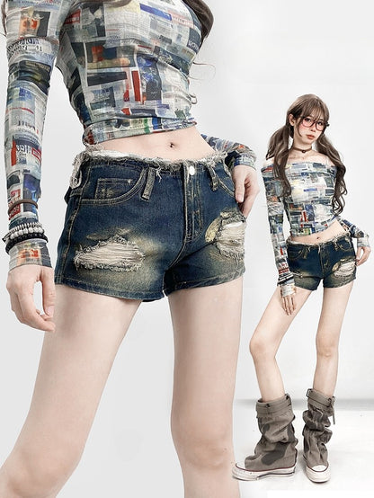 and Shorts Raw Cuffs Distressed Details Glamorous Y2K Frayed Blue