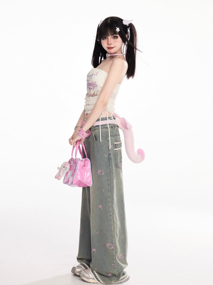 Apricot Drawstring Side Strapless Top Print Lace Cropped Letter