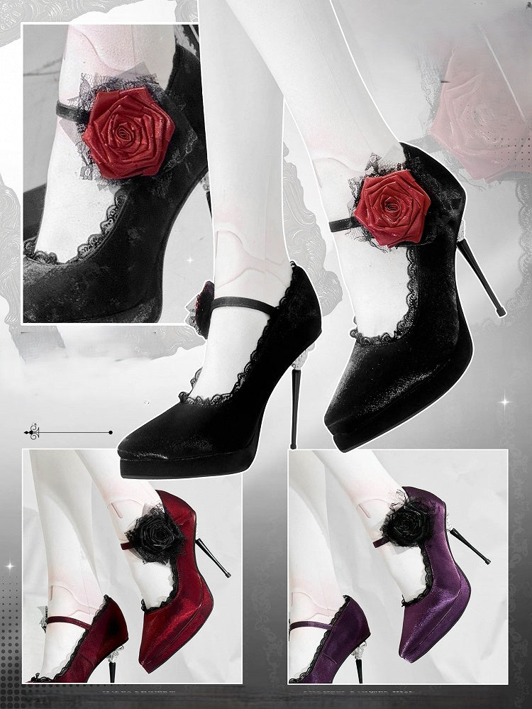 High Floral Gothic Black Pointed Heels Toe Satin Decorated