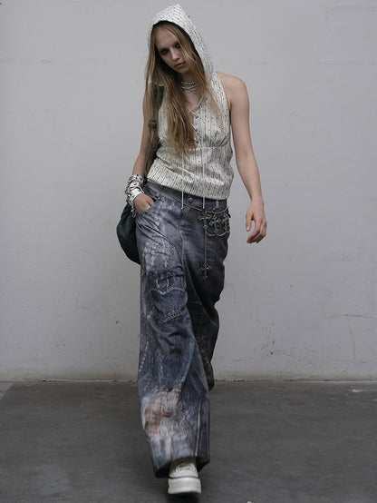 Print Lace Jeans Cut Wide-leg Blue Chain Punk Wasteland Details