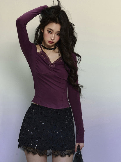 Purple Lace Butterfly Cutout Halter Neck Long Sleeves Top