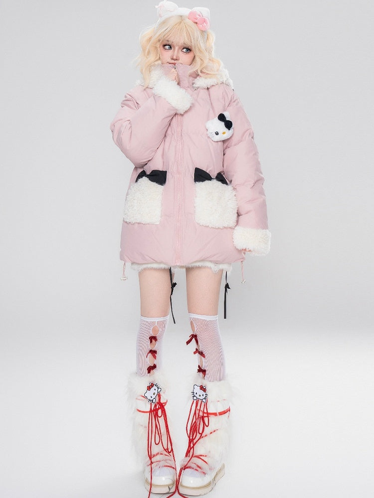 Pink/Black Kitty Adorned Hooded Puffer Jacket Plush Cuffs