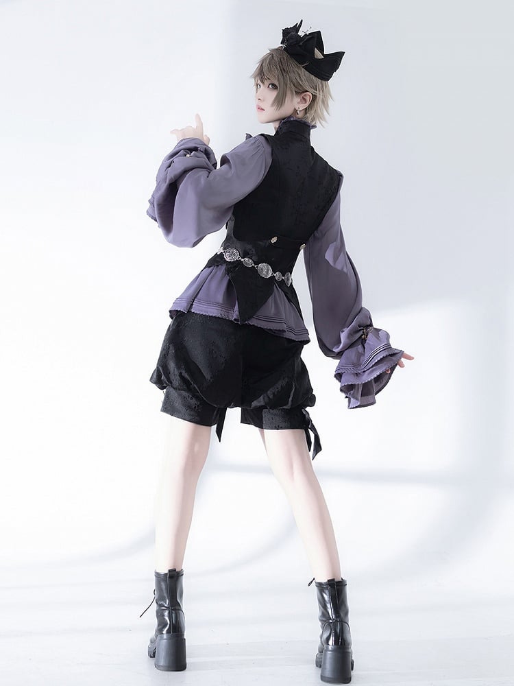 Sleeves Purple Neckline Bishop Poet Ruffle Blouse