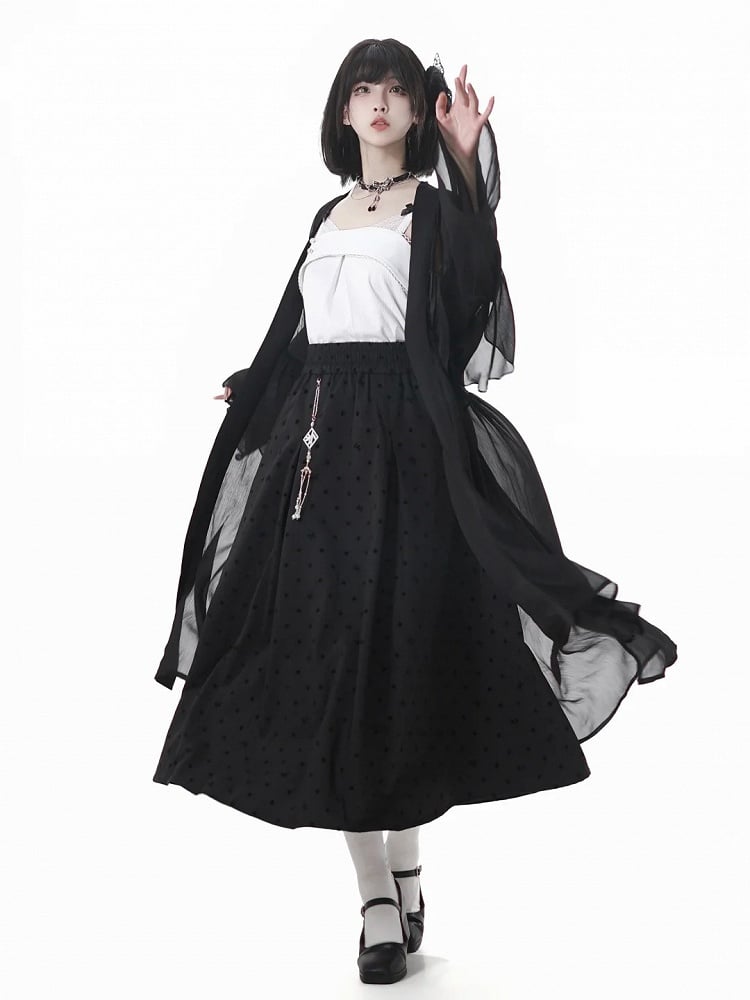 Gepunkteter Rock mit Quastenanhänger, schwarzer elastischer Bund, Cheongsam-Stil