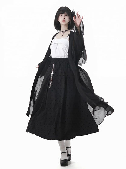 Gepunkteter Rock mit Quastenanhänger, schwarzer elastischer Bund, Cheongsam-Stil