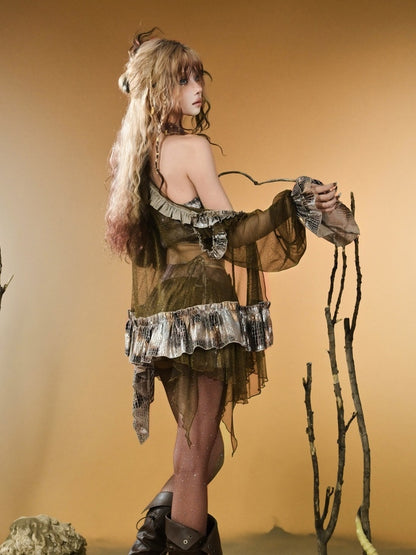 Top Cutout Shoulder Dark Punk Wasteland Sleeves Semi-sheer Design Long V-neck Brown