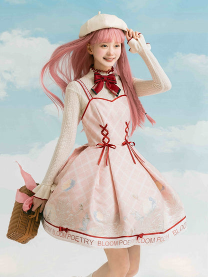 Ruffle Aprioct with Bowknot Long Top Red Sleeves Neckline