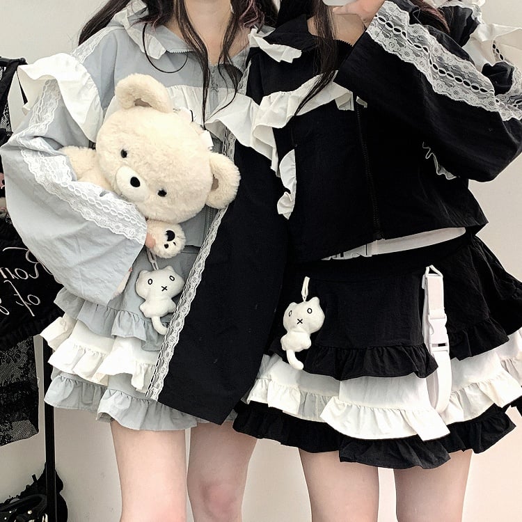 Blue Jirai Kei Techwear Cute Kitty Adorned Tiered Ruffles Skirt