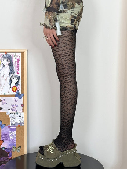 Leopard Pattern Tights Y2K Black