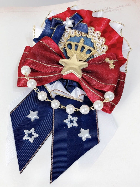 Idol Charm Haarspange Lolita Verzierte Krone Blau-Rot Schleifendetails Perlenstern-Design