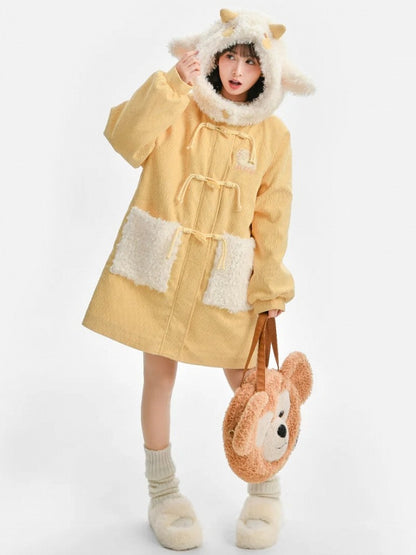 Milk Yellow Cute Lamb Hood Hooded Corduroy Duffle Coat