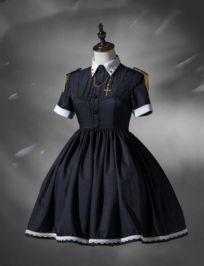 Dress Short Military Full Lolita Flutter Sleeves and Maid Apron Set Black