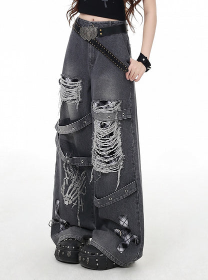 Vintage Wide-leg Grey/Red Plaid Wash Distressed Faded Punk Holes Jeans
