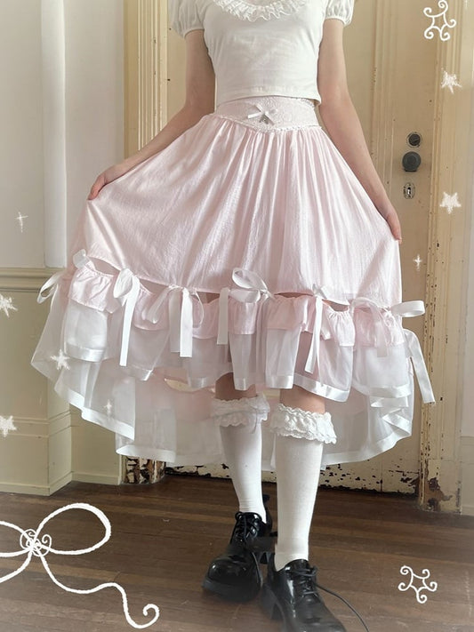 Pink Tea Length High-low Skirt with Bow Accents