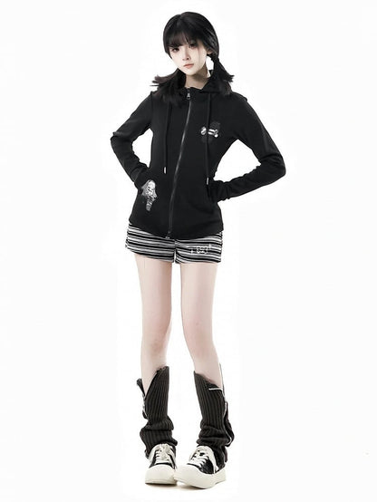Long Sleeves Top Zip Closure Black/White Devil Horn Design Hood