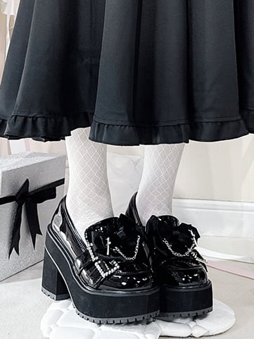Black Polished Cross Decorated Bow Kei Rhinestoned Platform Buckles Loafers Jirai Chain