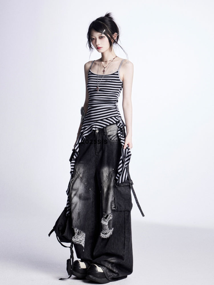 Vintage Black  Grey Stripes Cascading Ruffle Accents Cami Top