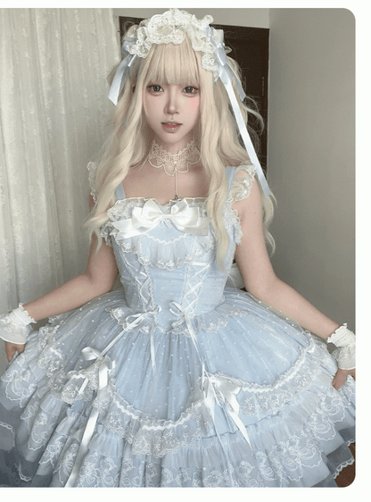 Pullover, abnehmbare Ärmel, Rock, süßes Lolita-Kleid, flatternd mit großem blauen Schnürmieder, hoch taillierter Schleife