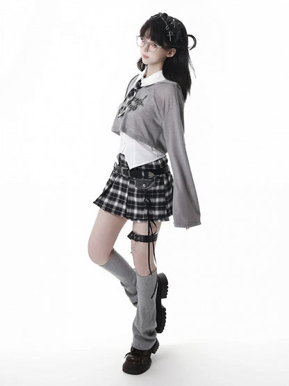Y2K Lace-up Black Detail Plaid Skort with Buckle Belt and Chain White/ Khaki