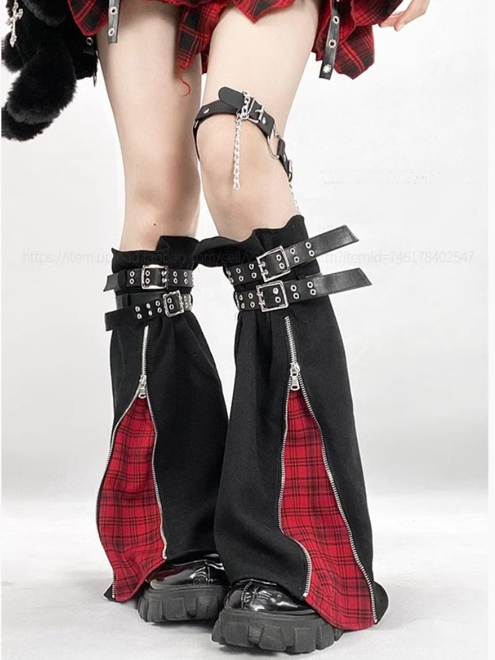 Black Zip Cuffs Leg Warmers with Buckle Straps