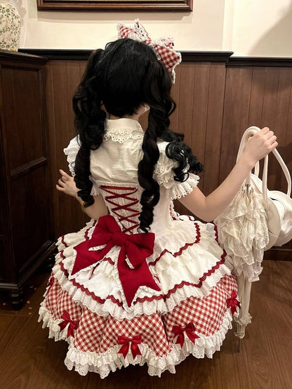 and Hem Scalloped Dress Edge with Sweet Skirt Pattern Lolita Gingham Tiered White Trim Red