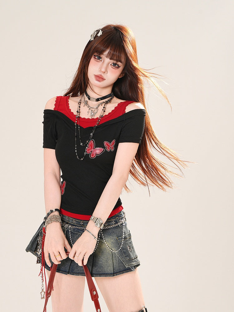 Blau/Rotes T-Shirt mit Schmetterlingsapplikationen