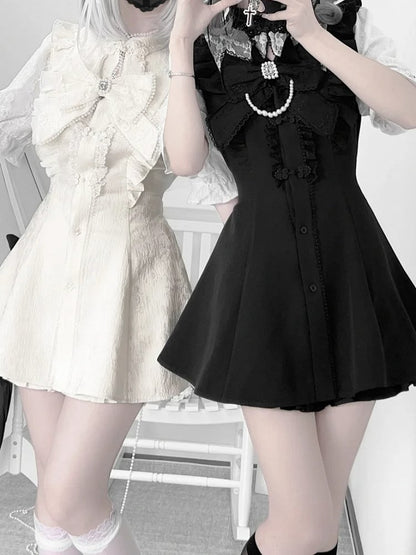 Tie+Hairclips Y2K Sleeves Dress+Shorts+Bow Kei Set-Cheongsam Collar Short White Jirai