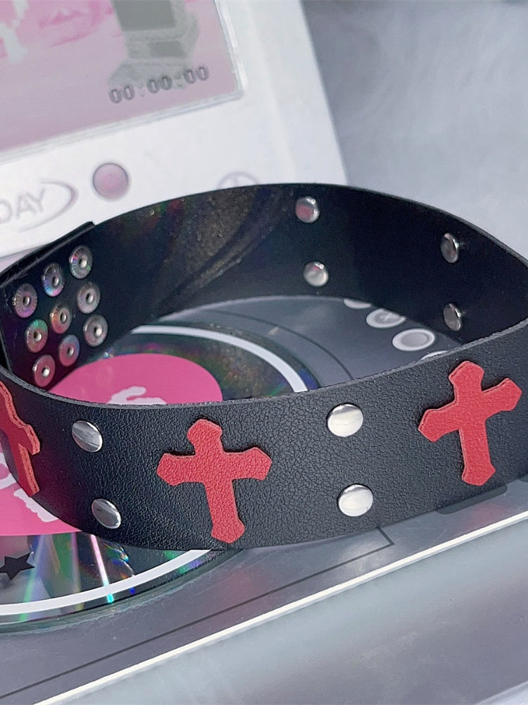 White/Red Cross Stud Detail Punk Choker