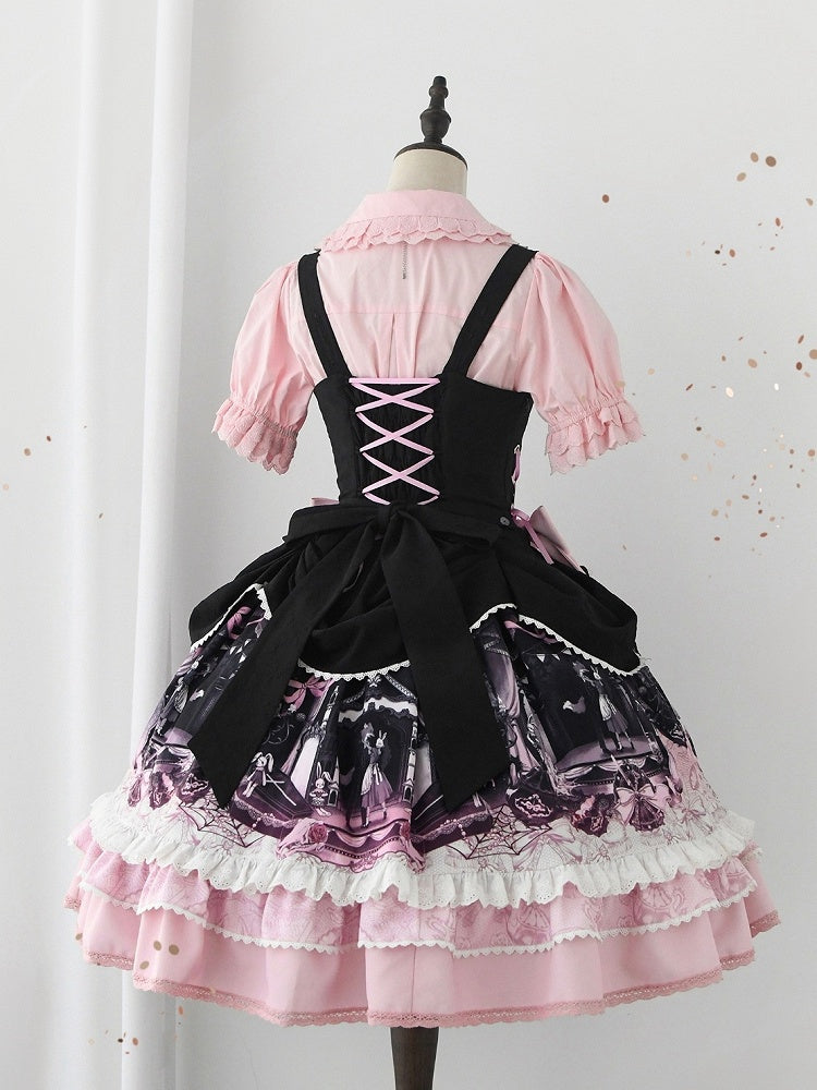 Robe Lolita noire et rose sous la poitrine avec motif lapin et cercueil