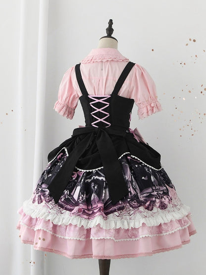 Robe Lolita noire et rose sous la poitrine avec motif lapin et cercueil