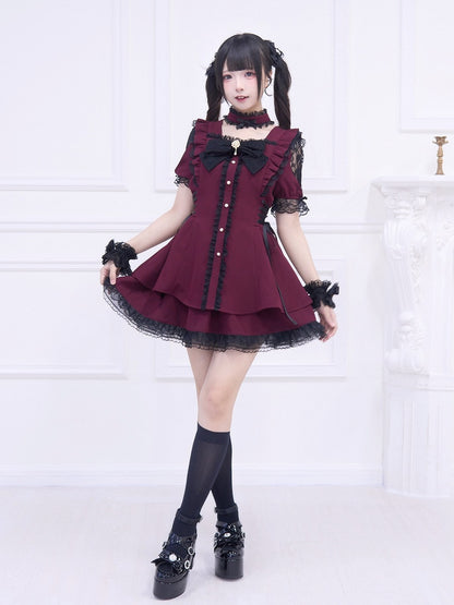 Black Trim Dress Side Kei Set: Lace-up Wine and with Red Matching Lace Mini Skirt Jirai