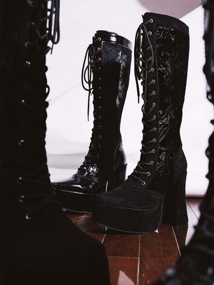 Gothic Black Front Lace-up Ties Velvet Platform High Block Heel  Knee-high Boots