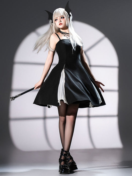 Waist Thin Shoulder Lolita Straps Gothic Fit Slim Dress Black