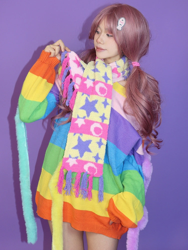 Star And Colorful Moon Striped Pattern Scarf Y2K