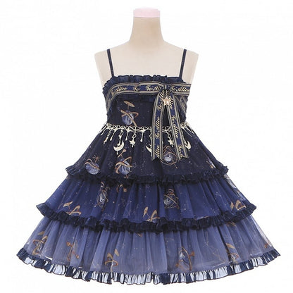 Navy Blue Celestial Globe &Starry Empire Waist Lolita Jumper Skirt