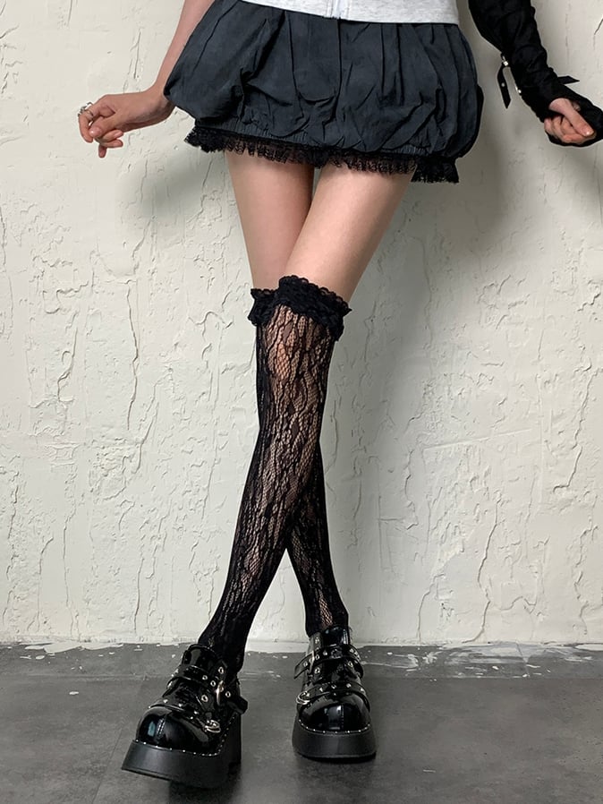 Overknee Design Black Cuff Ruffled Hollow-out Fashion Gyaru Stockings