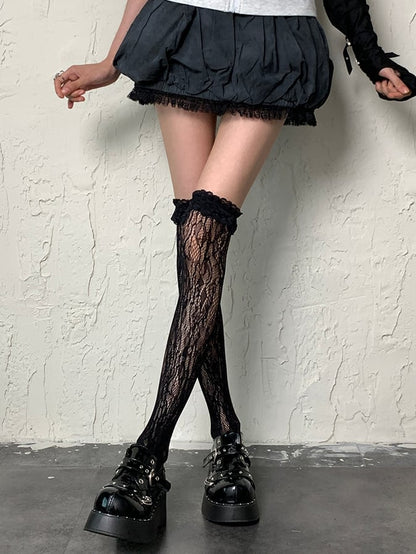 Overknee Design Black Cuff Ruffled Hollow-out Fashion Gyaru Stockings