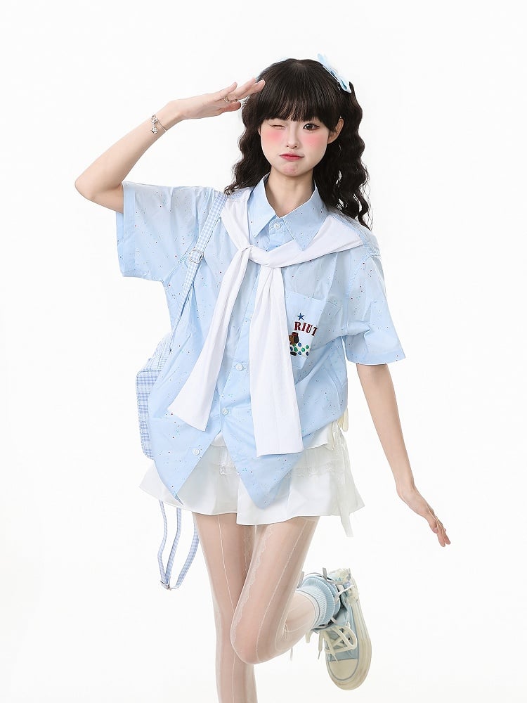 Short/long Sleeves Shirt with Decorated Blue Faux Sleeves and Adorable Dog Embroidery