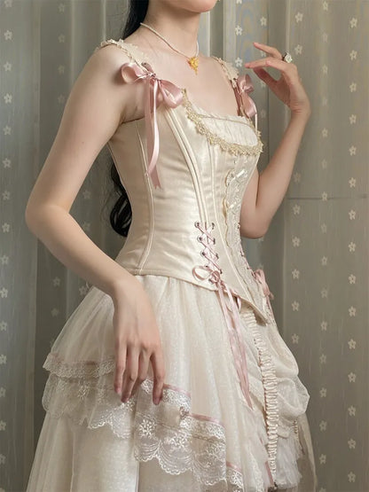 Champagne Lace-up Details Boned Corset Top + High-low Layered Lolita Skirt