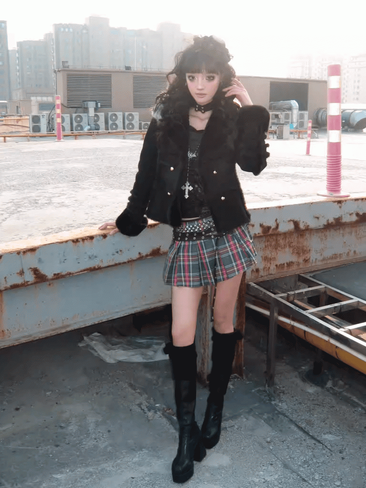 Y2K Black Plush Trim Gold-tone Buttons Suede Coat