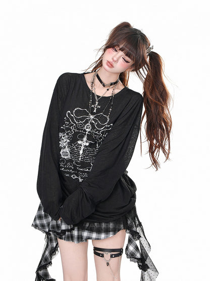Black/White Semi-sheer Cross Print Drawstring Waist Loose Sweatshirt
