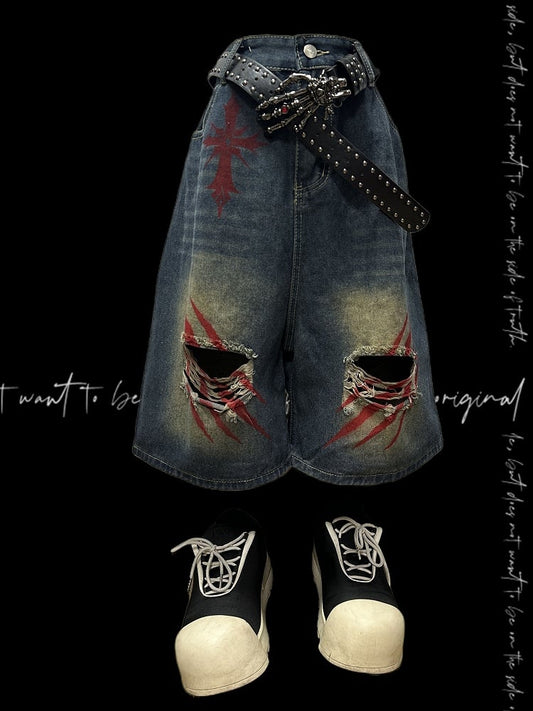 Print Blue Faded Holes Scratch Wash Distressed Wide-leg Denim Shorts