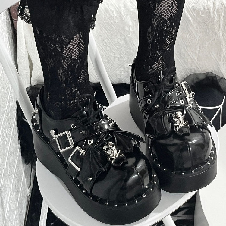 Y2K Black Punk Stud Buckle Strap Bat Wings Platform Shoes