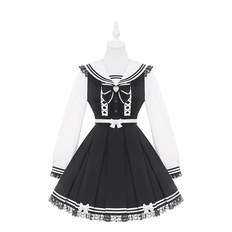 Jirai Bunny-Ear Lace Sailor with Dress White Long and Dress: Trim Kawaii Black Kei Collar Sleeve